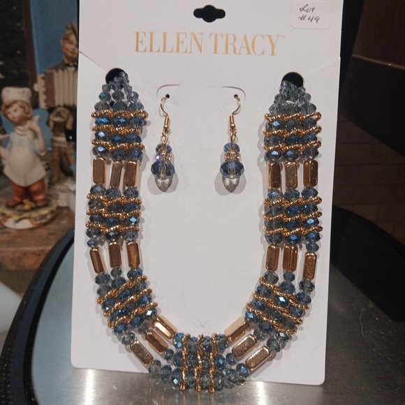 Ellen Tracy Designer Blue & Goldtone Beaded Necklace And Earrings Set - Picture 2 of 5